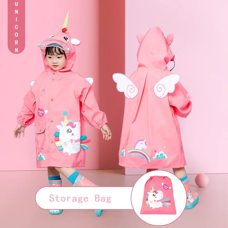 School Girls Boys Rain Coat Cartoon Shower Stormbreak Polyester Kids Poncho Big BrimHooded Children Raincoat Reflector 2-8 Years