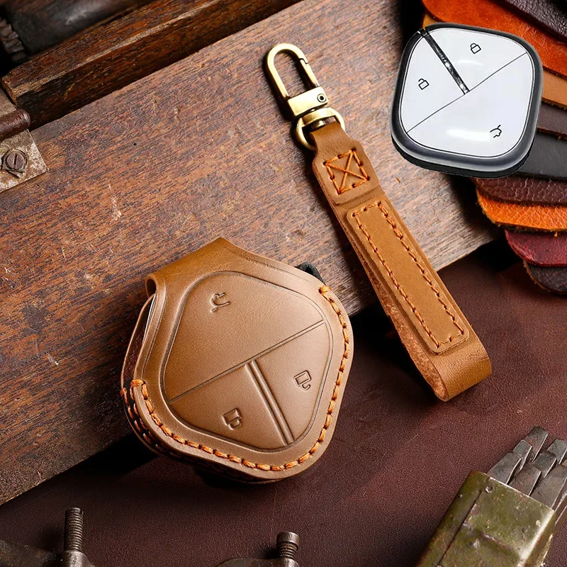 

1pc Handmade Leather 3 Button Car Key Case Cover Fob Shell For Wuling Air EV Smart Car Keychain