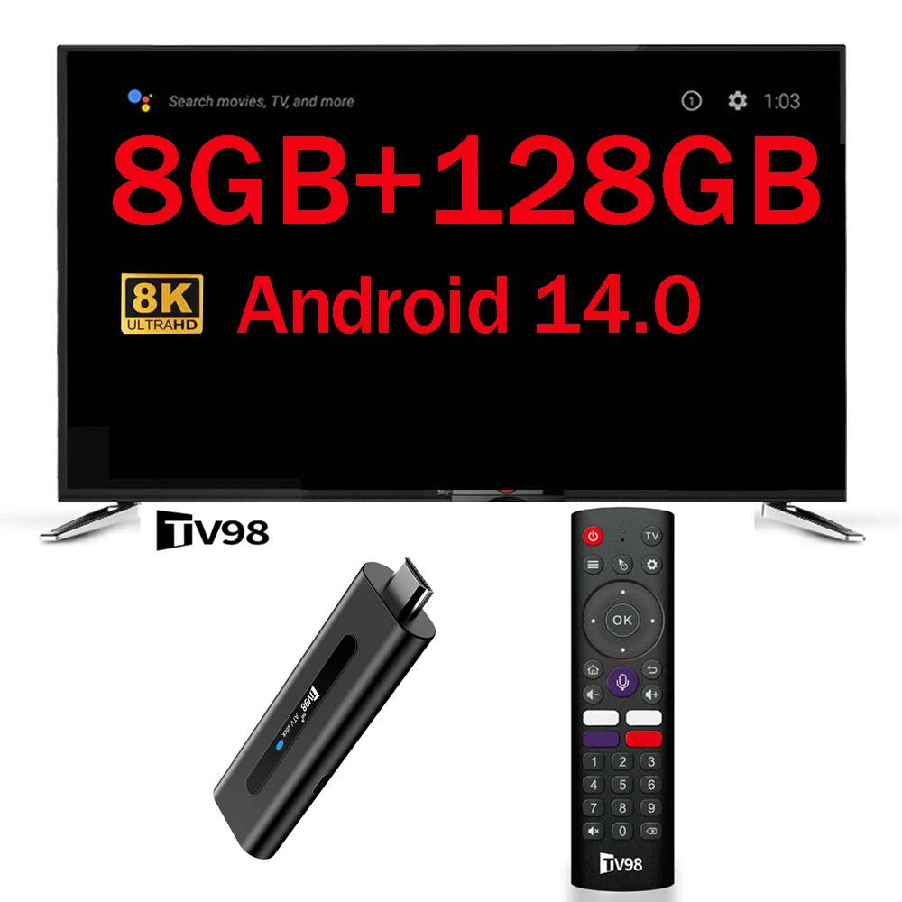 TV Stick 8GB 128GB Android 14.0 HD 8K 4K 3D 5G 4G WiFi TV98 Stick Allwinner H313 Quad Core Reproductor Multimedia para Cine en Casa Smart IPTV