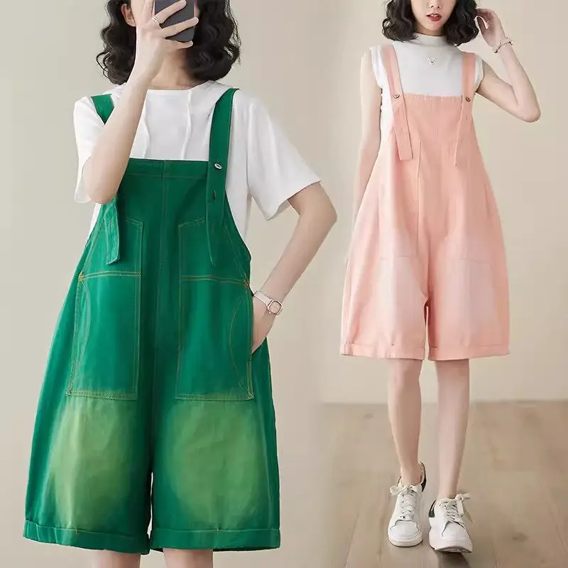 

Green Denim Suspender Shorts Women's 2024 Summer Korean Loose Wide Leg Pants Casual Overall Clothes Suspender Playsuit K710