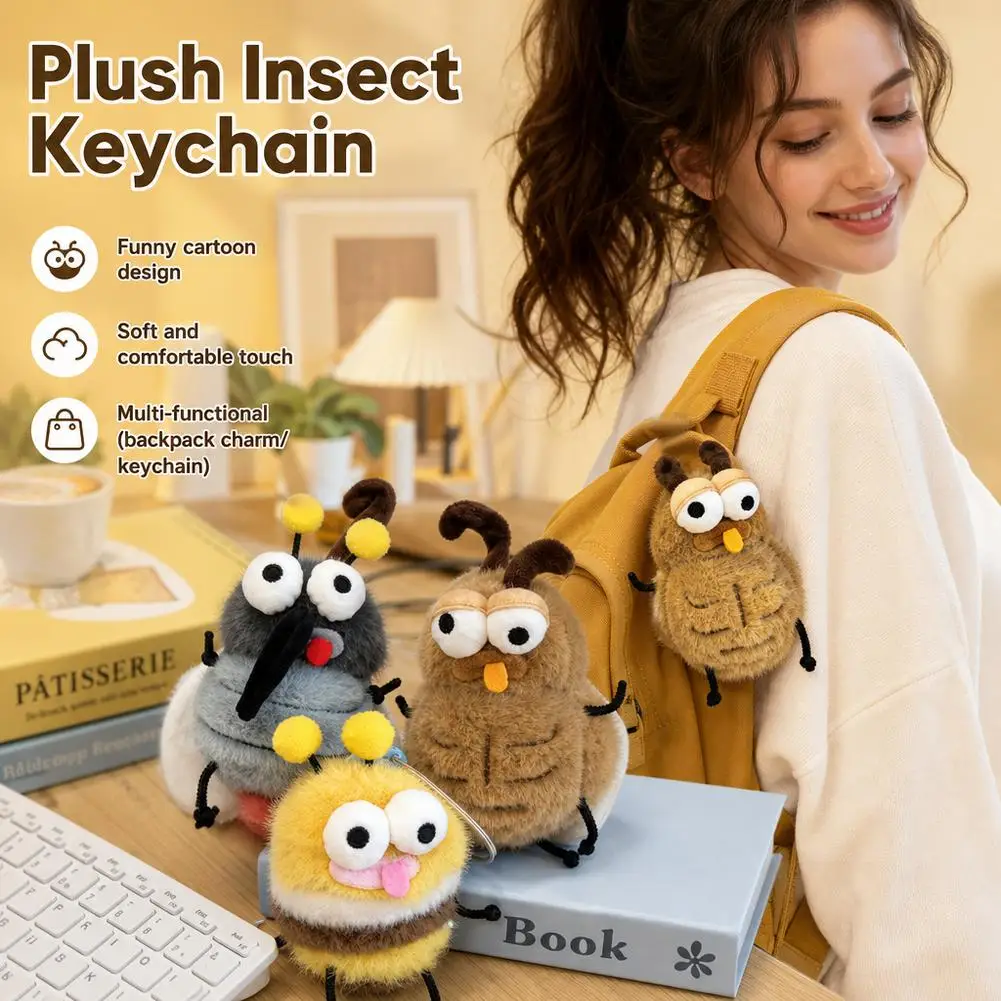 Funny Insect Toys Plush Insect Keychain Big-Eyed Bee Mosquito Beetle Soft Plush Bag Pendant Cute Funny Schoolbag Hanger