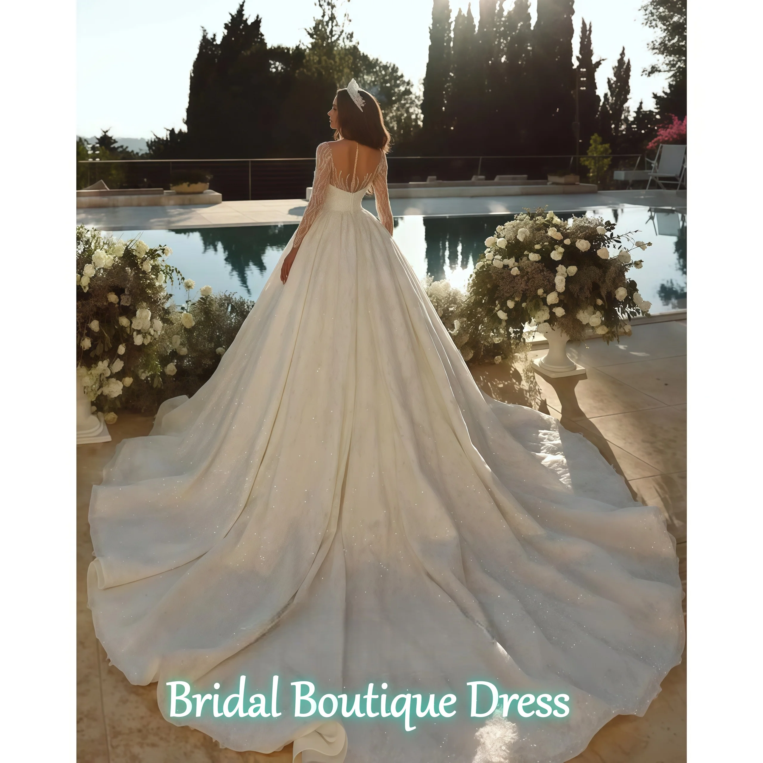 تخصيص رائعة الأميرة الكرة ثوب الزفاف فستان تول س الرقبة الترتر الديكور كم طويل زي العرائس Vestido De Novia