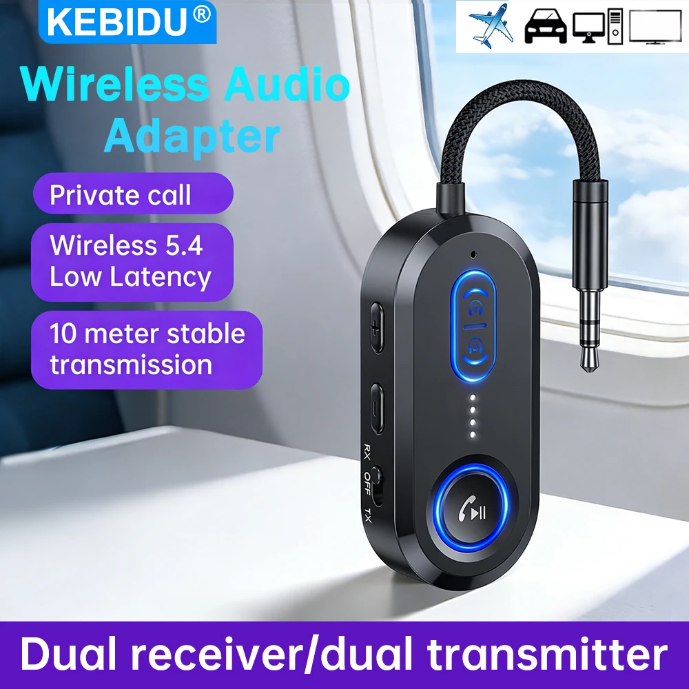 

Bluetooth 5.4, двойной приемник-передатчик, аудиоадаптер 2 в 1, с шумоподавлением, для прослушивания музыки HiFi без помощи рук, для телевизора, автомобиля, самолета