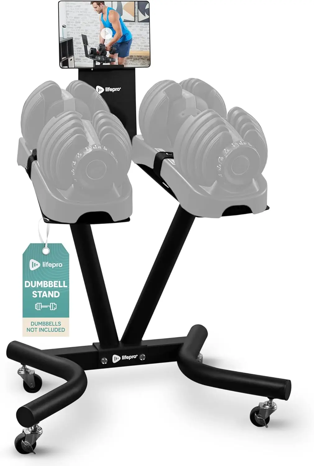 Home Gym Dumbbell Rack - Adjustable, Steel, Blue, with Wheels & Phone/Tablet Holder, Space - Saving