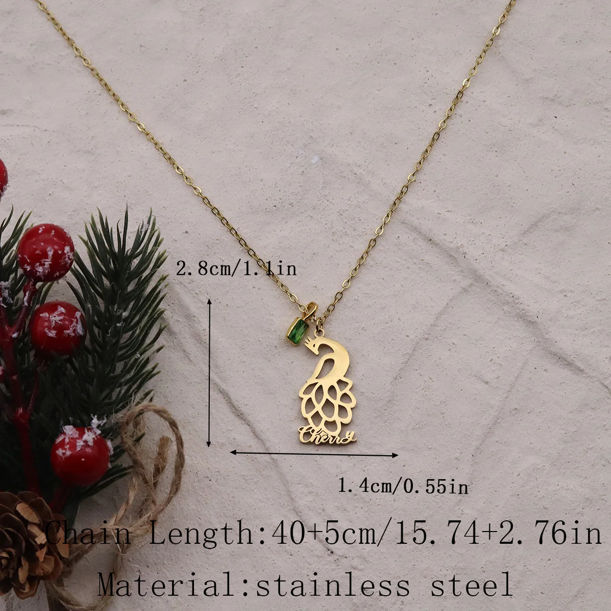 Chandler Custom Name Peacock Necklace Stainless Steel Gold/Silver with Green Zircon Personalized Jewelry Charms For Women