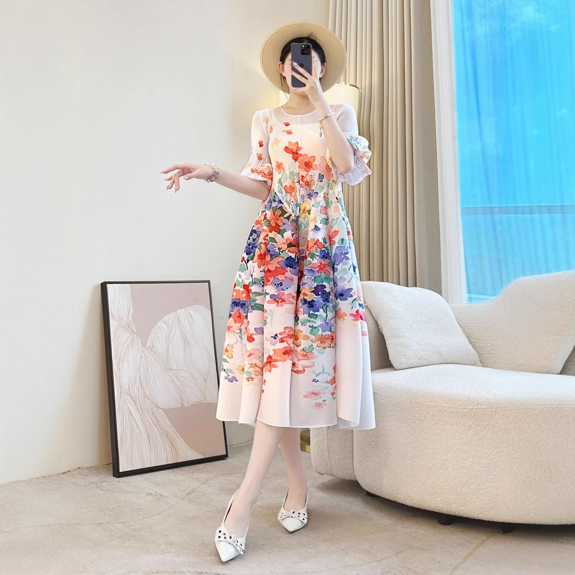 

Miyake Pleated 2025 Elegant Style Floral Bud Dress, Loose and High Elasticity Printed Long Skirt, Casual Pleated Fashion Dress