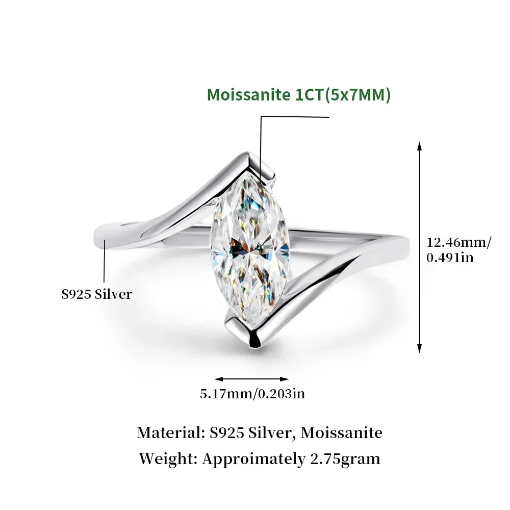HORRIPAL 1CT Marquise Moissanite Ring for Women GRA Certificate S925 Silver High quality Engagement Wedding Fashion Jewelry Gift