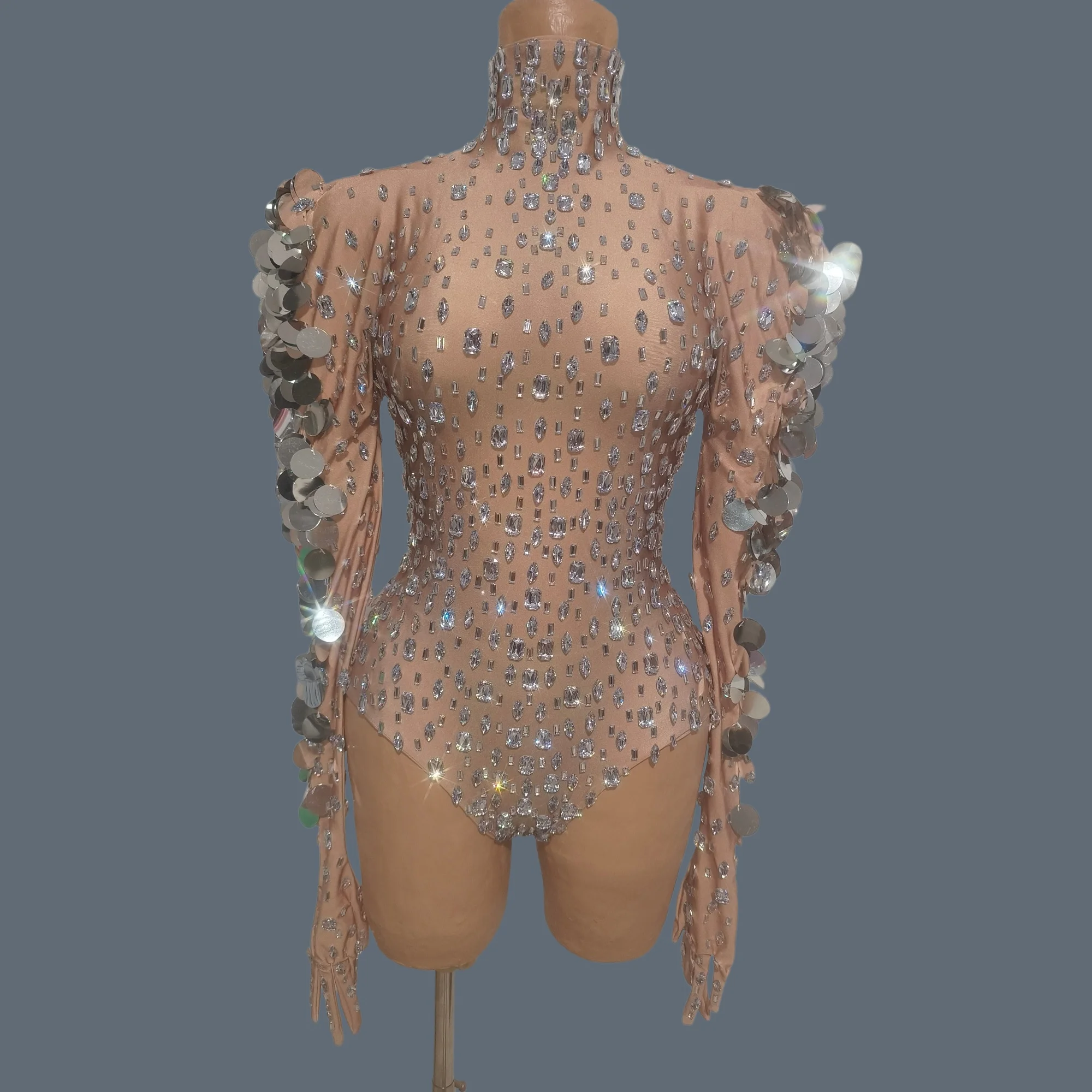Nude Turtleneck Long Sleeve Bodysuit Silver Rhinestones Puffed Shoulders Big Circular Silver Sequin Fringe Stage Costume Linyu