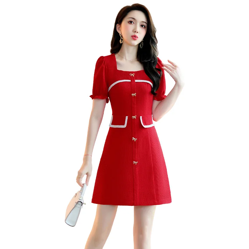 

2023 New Women's Summer White Red Black Slim Fit Square Neck Dress