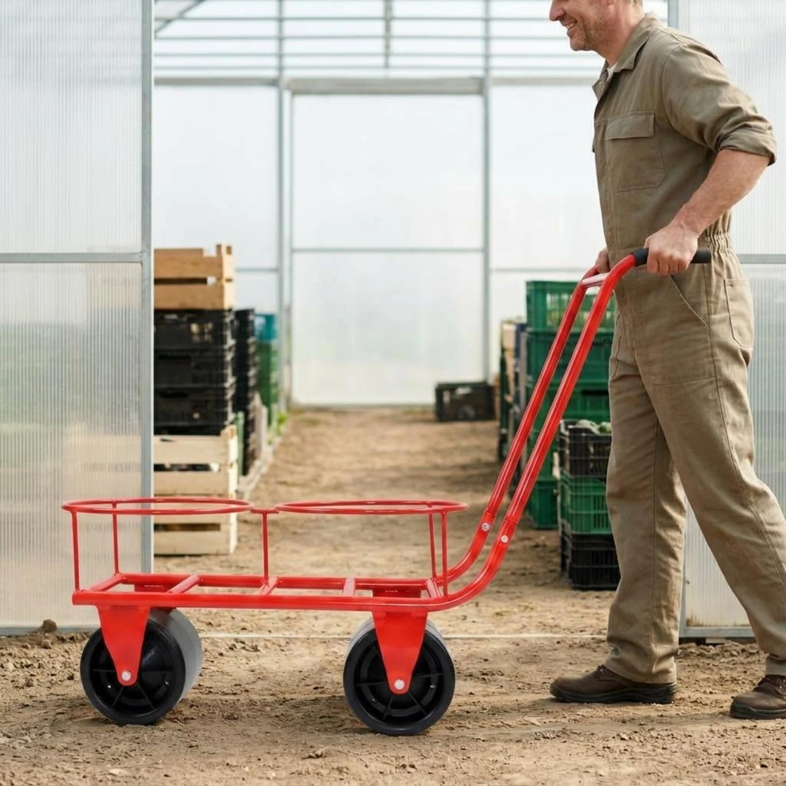 Fruit Vegetable Picking Red Vehicle Garden Tool Wire Support Wheeled Cart for Orchards Outdooor Garden Fields Double Barrel Cart