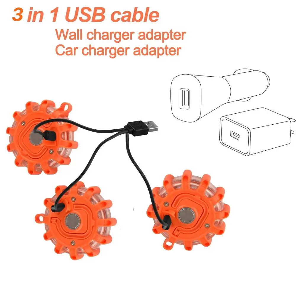 USB Rechargeable LED Road Flares Emergency Lights Roadside Warning Car Safety Beacon Flashing Disc Flare Kit with Magnetic Base