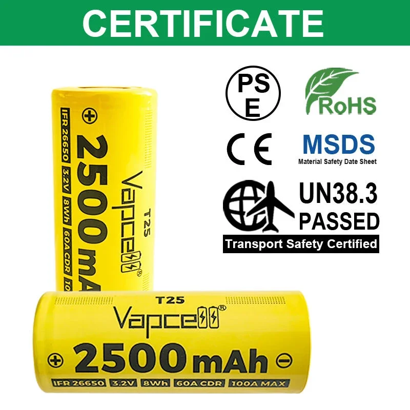 بطاريات ليثيوم أصلية Vapcell 26650 T25 2500mAh CDR 60A MAX 100A 3.2V خلية Lifepo4 26650 للأدوات الكهربائية