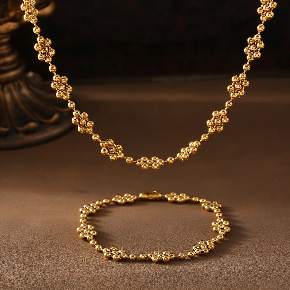 꽃 체인 비즈 목걸이 팔찌 세트, 금도금, 화려한 심플 디자인, 구리 OL 패션 주얼리 선물 도매
