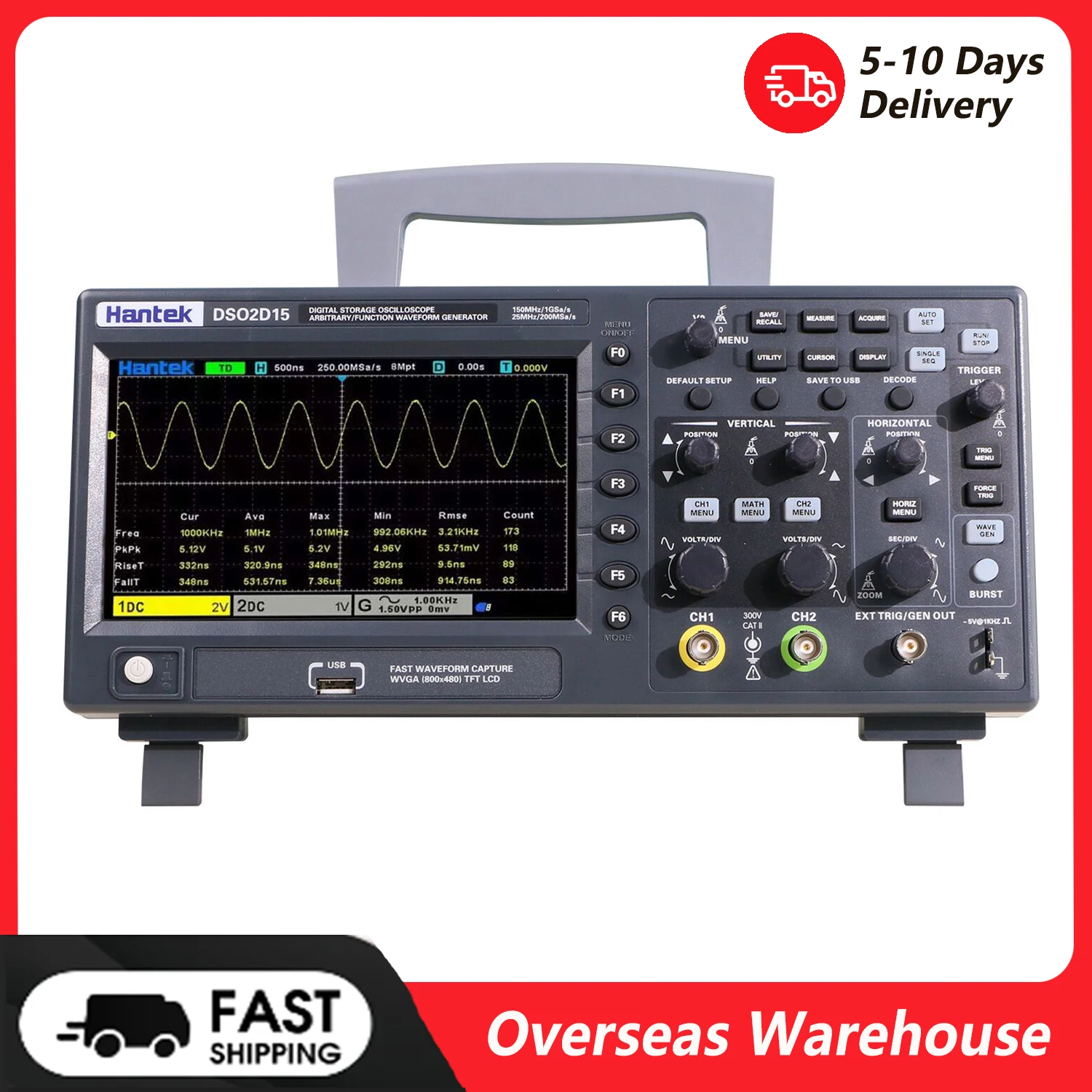 DSO2D15 Digital Oscilloscope Meter Oscillograph Oscillometer 2 Channels 150MHz Band Width 1GSa/s Sampling Rate