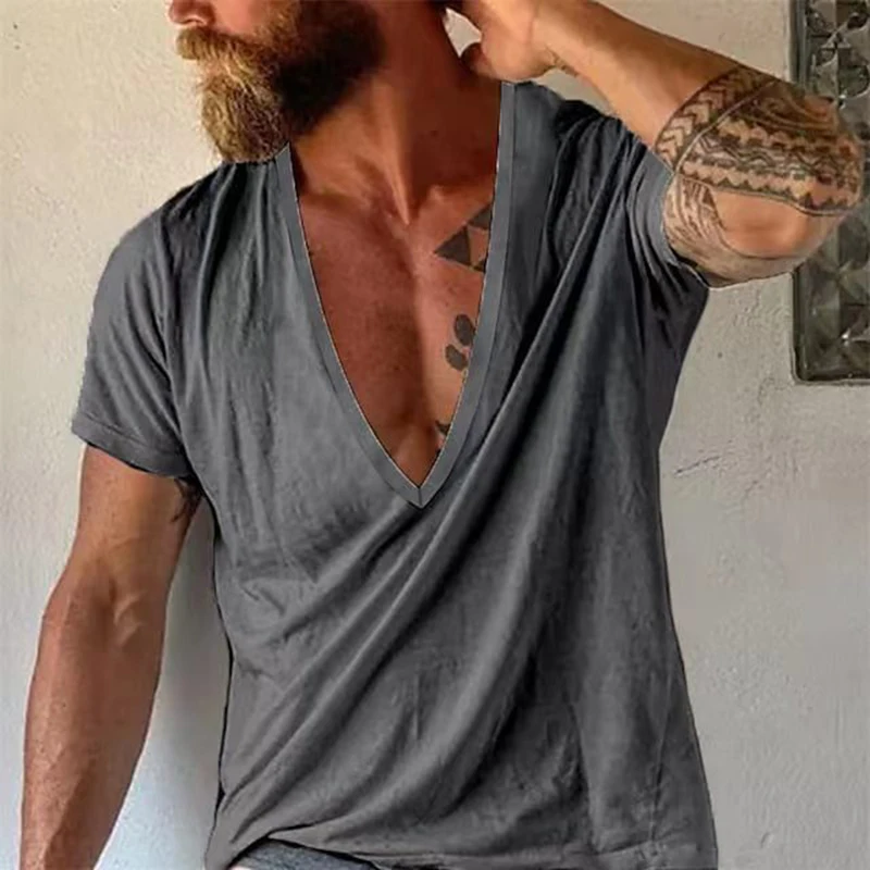 Vintage Loose Cotton T Shirts Men Casual V Neck Short Sleeve Solid Tees 2023 Spring Summer Fashion Pure Color Clothes Men\'s Tops