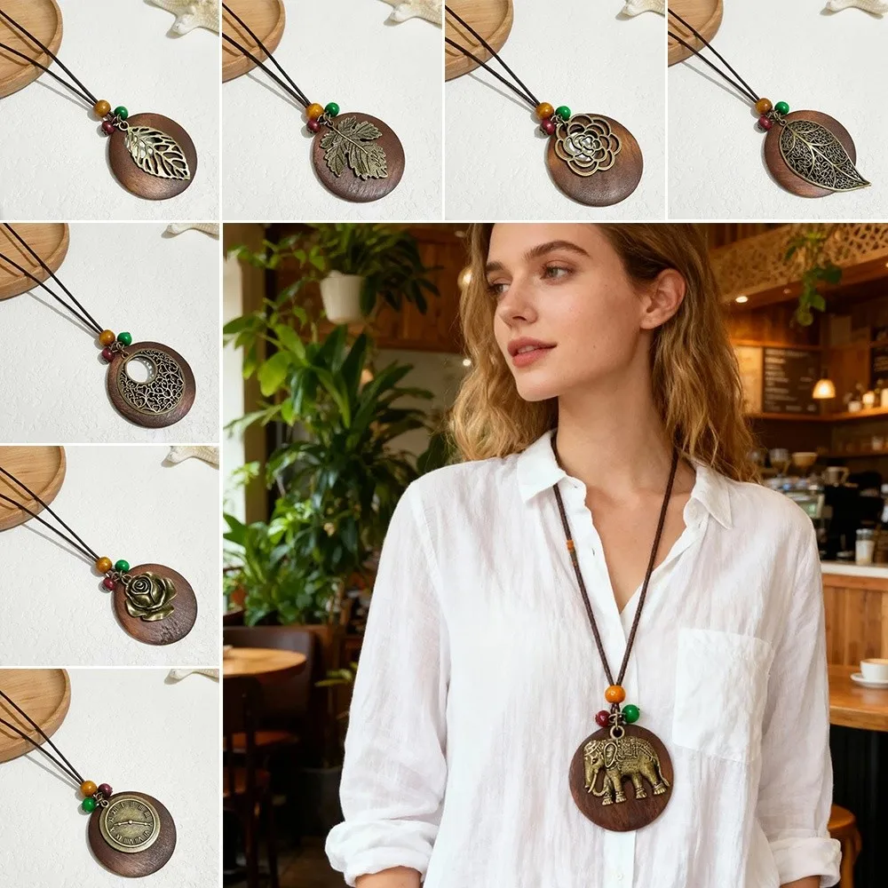 Vintage Boho Sweater Chain Hollow Leaves Leather Chain Clothing Pendant Long Handmade for Women Men