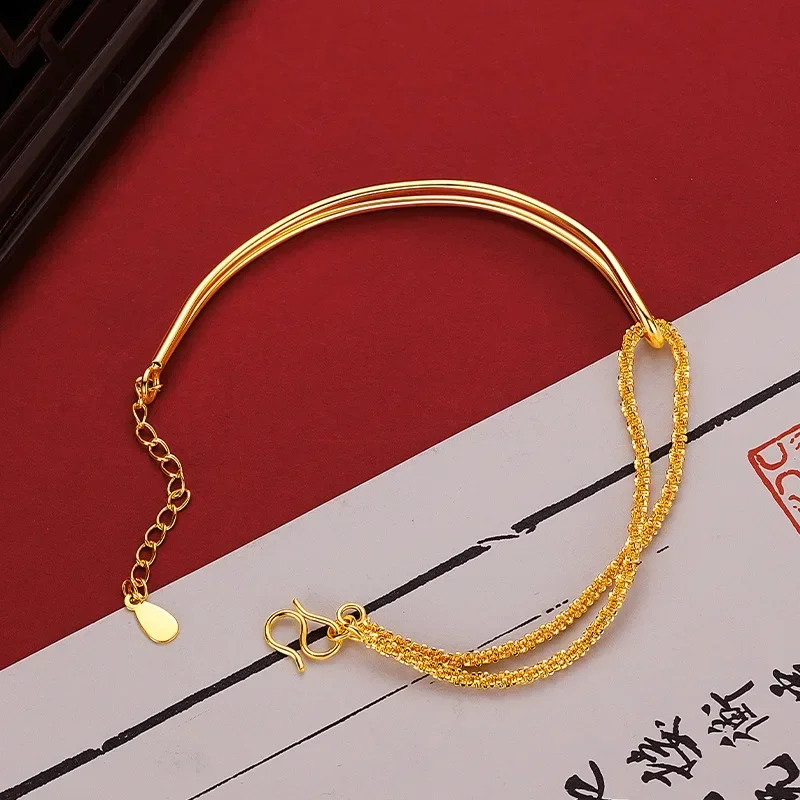 

9999 Real Gold 24K Yellow Gold Niche Design Advanced Sense Asymmetric Gypsy Star Bracelet Chain Caterpillar Half Bracelet