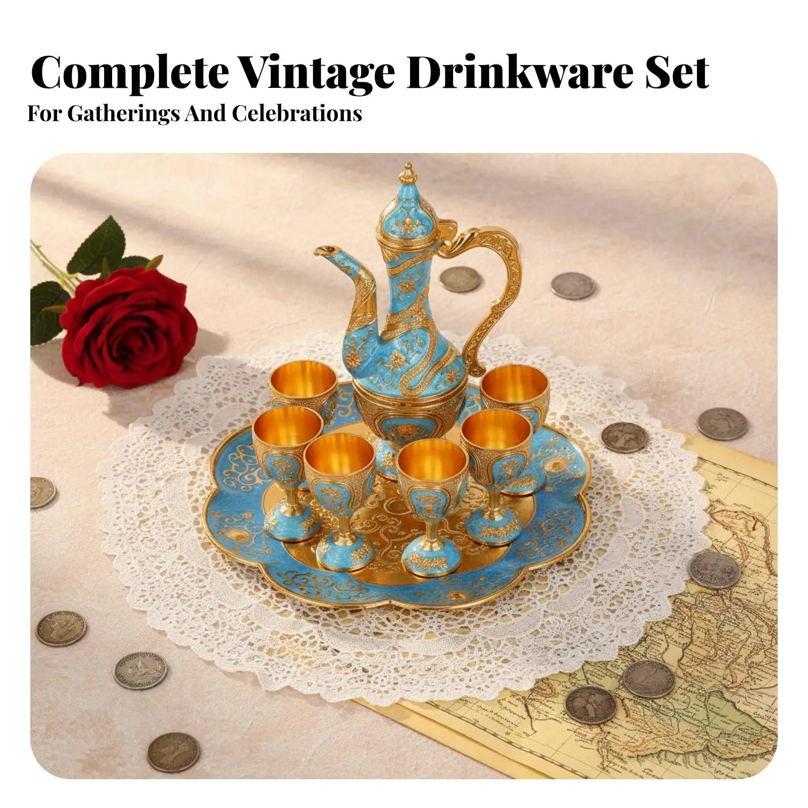 8 Pieces European Design Beverage Decanter Set Elegant Design Antique Design Flagon and Cup Set Craftsmanship Home Decoration