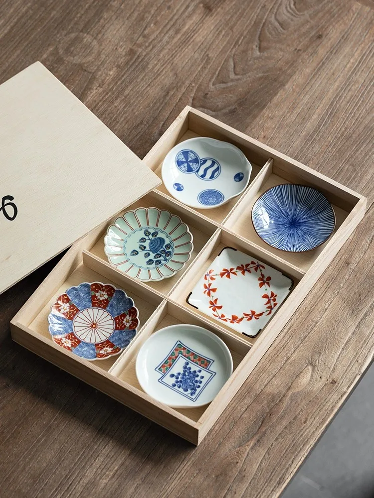 style small saucers, blue and white 6-piece set, dipping ingredients, small bowls, deep saucers, wooden boxes, gifts