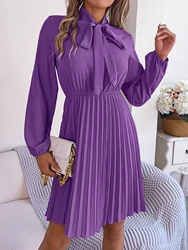 2026 Autumn Casual Bow Long Sleeve Chiffon Pleated Dress Elegant A Line Dress Red Pink Blue Green Woman Clothing for Spring Wear