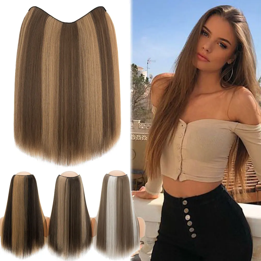 18Inch Long Synthetic Extra Thick One Piece V-Shape Clip In Hair Extensions Full Head Natural Straight Hairpiece Highlight Ombre