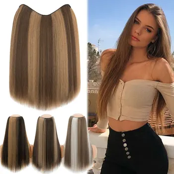 긴 합성 V자형 클립 인 헤어 익스텐션, 전체 머리, 자연스러운 스트레이트 헤어피스, 하이라이트 옴브레, 매우 두꺼운 원피스, 18 인치
