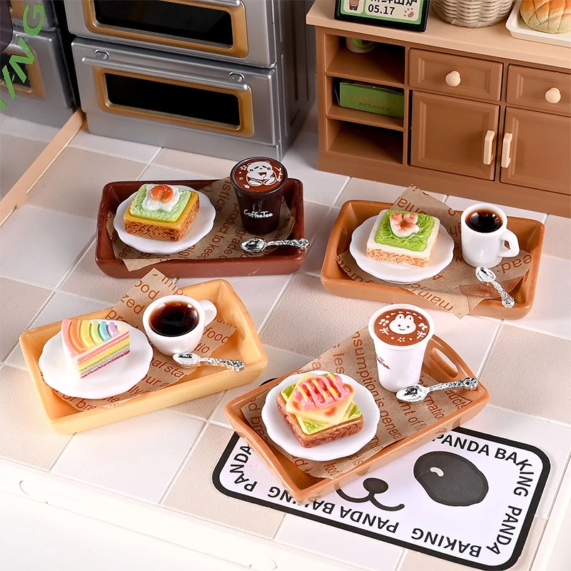 2Sets Zufällige Puppenhaus Miniatur Lebensmittel Spielzeug Mini Simulation Milch Tee Kuchen Mit Platte Kind Pretend Spielen Spielzeug Puppe Haus zubehör