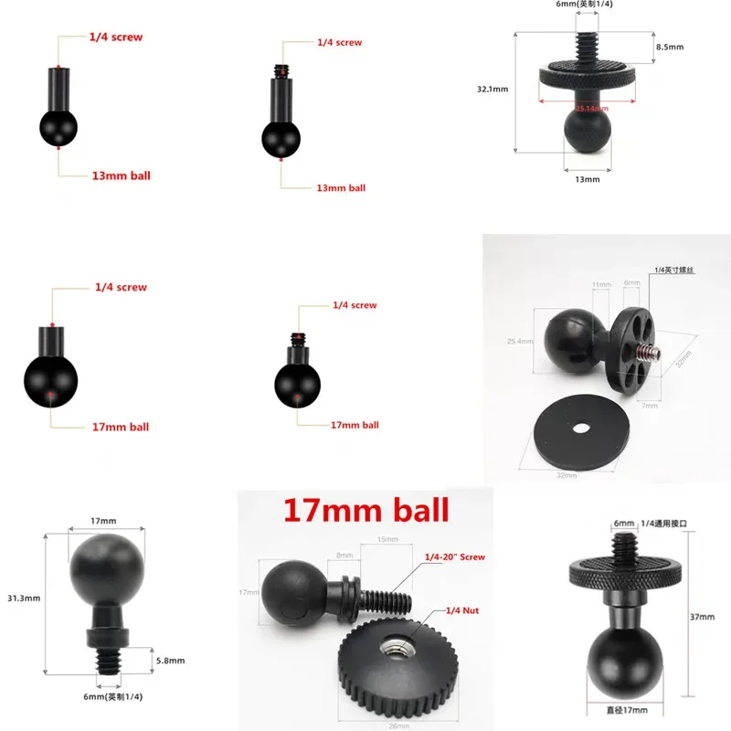 1/4 Screw Head to 13 mm 15mm 17mm  25mm Ball Head Converter for Car Monitor Pad GPS Cell Phone Ball Mount Base Holder gopro