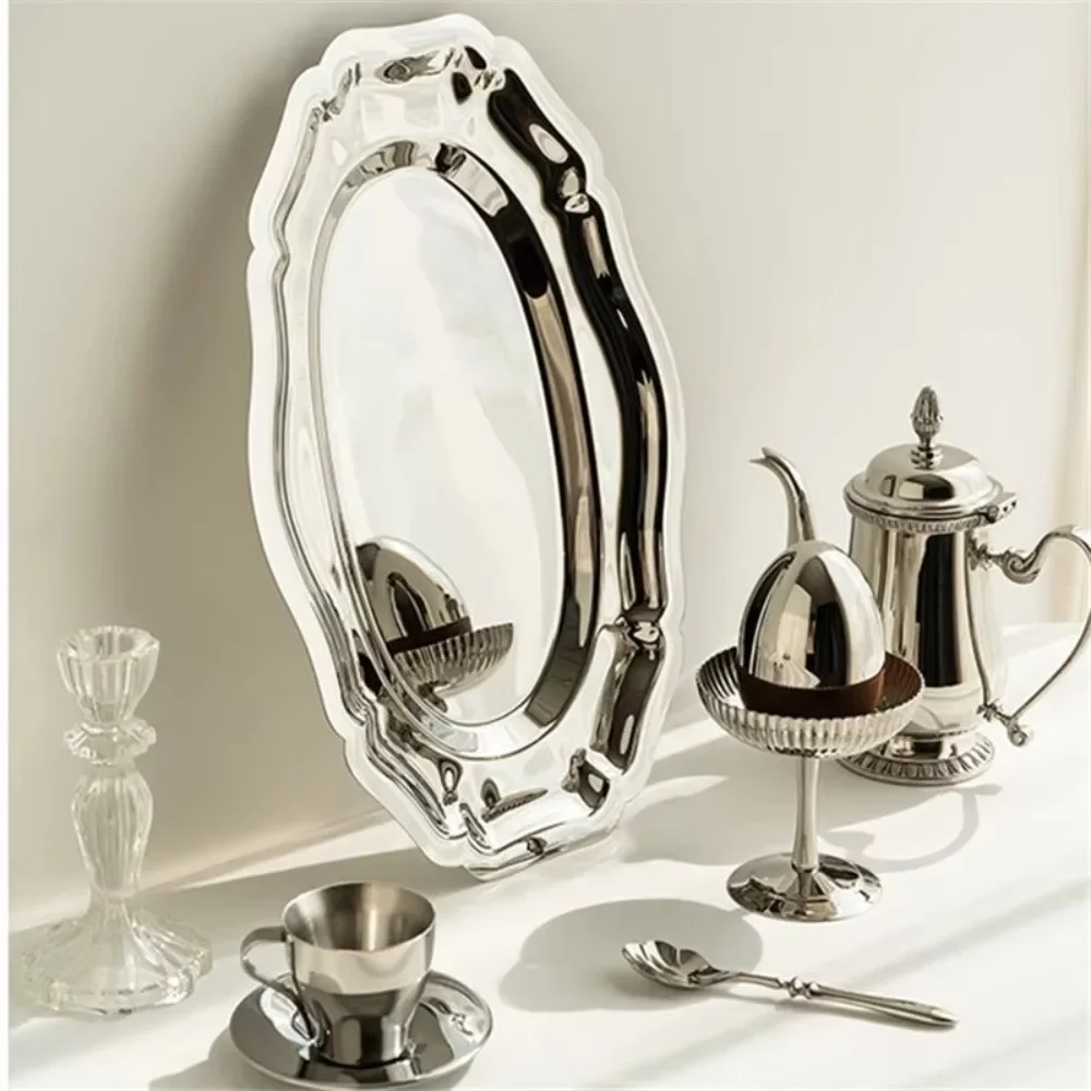 Vintage Mirror Face Cake Tray Stainless Steel Storage Plate Household Dessert Plate Embossed Storage Plate Home Decoration