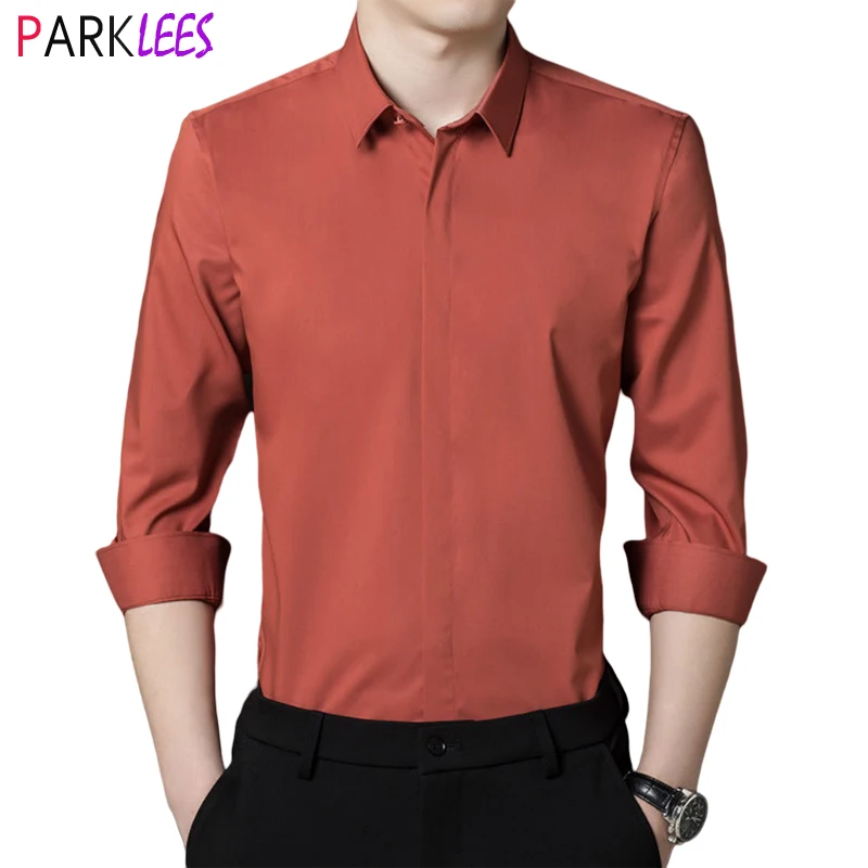 

Mens Strech Wrinkle Free Dress Shirts 2024 Autumn New Slim Fit Hid Button Shirt Men Long Sleeve Casual Formal Business Chemise