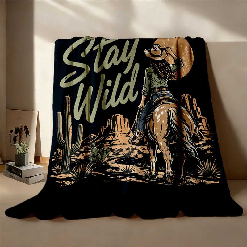 Stay Wild Western Flannel Blanket, Cowgirl Desert Graphic Flannel Throw, Boho Cactus Country Cozy Blanket