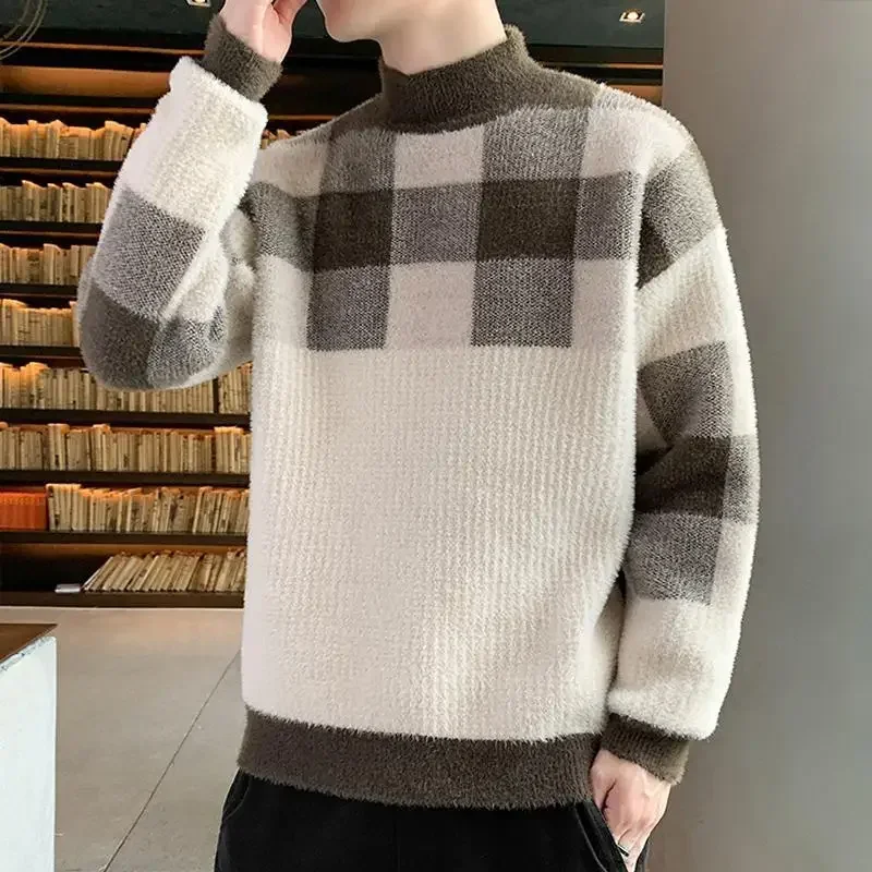 Brown Plaid High Collar Men's Clothing Turtleneck Knit Sweater Male Pullovers Sheap Casual Street Korean 2024 Autumn Maletry X A