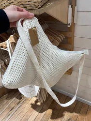 Vintage Beige Knitted Zipper Shoulder Bag Women Sweet Preppy Style  Large Capacity Messenger Bags Casual Harajuku Solid Handbags