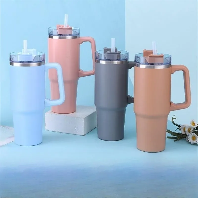 New 900ML Insulated Cafe Tumbler Straw Stainless Steel Coffee Termos Cupacuum Flasks Portable Water Bottle 40oz Mug With Handle