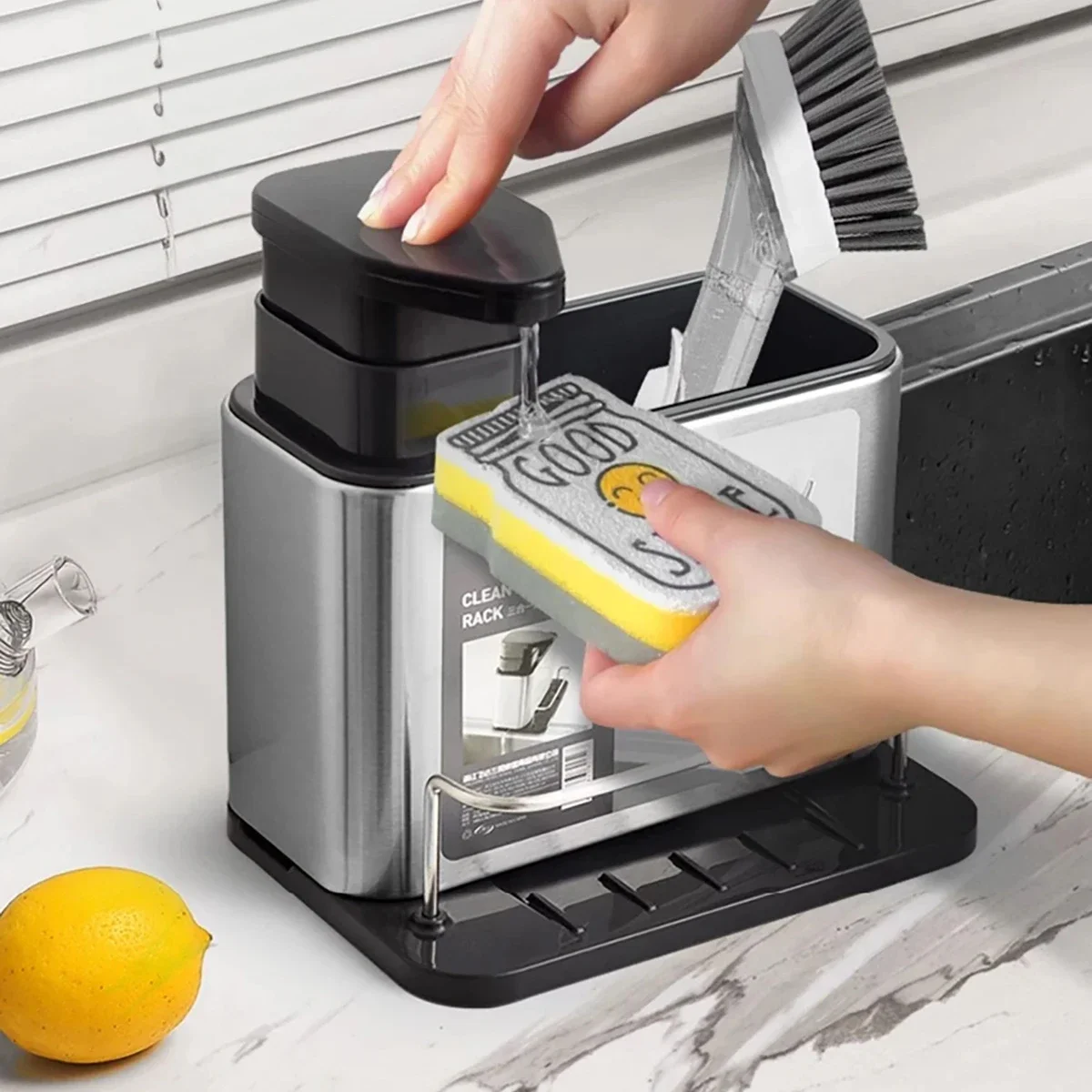 3-In-1 Kitchen Soap Dispenser Sponge Holder Stainless Steel Sink Organizer Rack Sink Organizer Tray Drainer Rack Rustproof