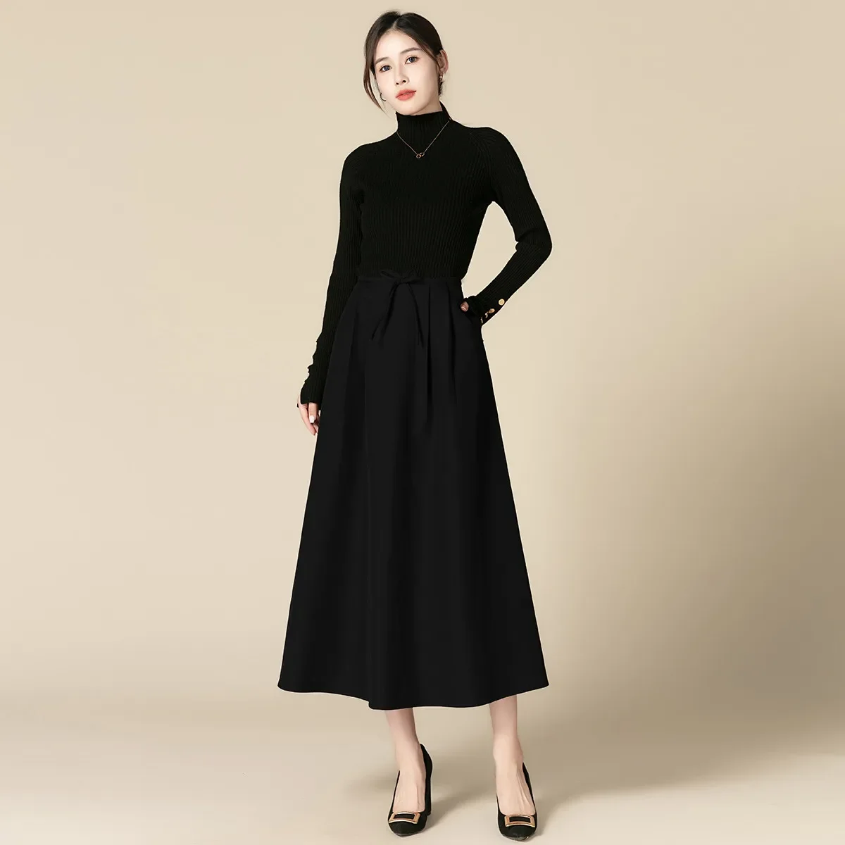 LOUIS-YAO ملابس العمل تنورة نسائية أنيقة 2025 الخريف/الشتاء التنقل الحد الأدنى الفاخرة مطوي القوس مزين الرجعية ألف خط تنورة