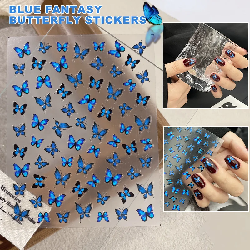 1 Sheet 10.3X8CM Fashion Blue Butterfly Nail Stickers Black Blue Butterfly Nail Decoration Decals Manicure Decoration Stickers