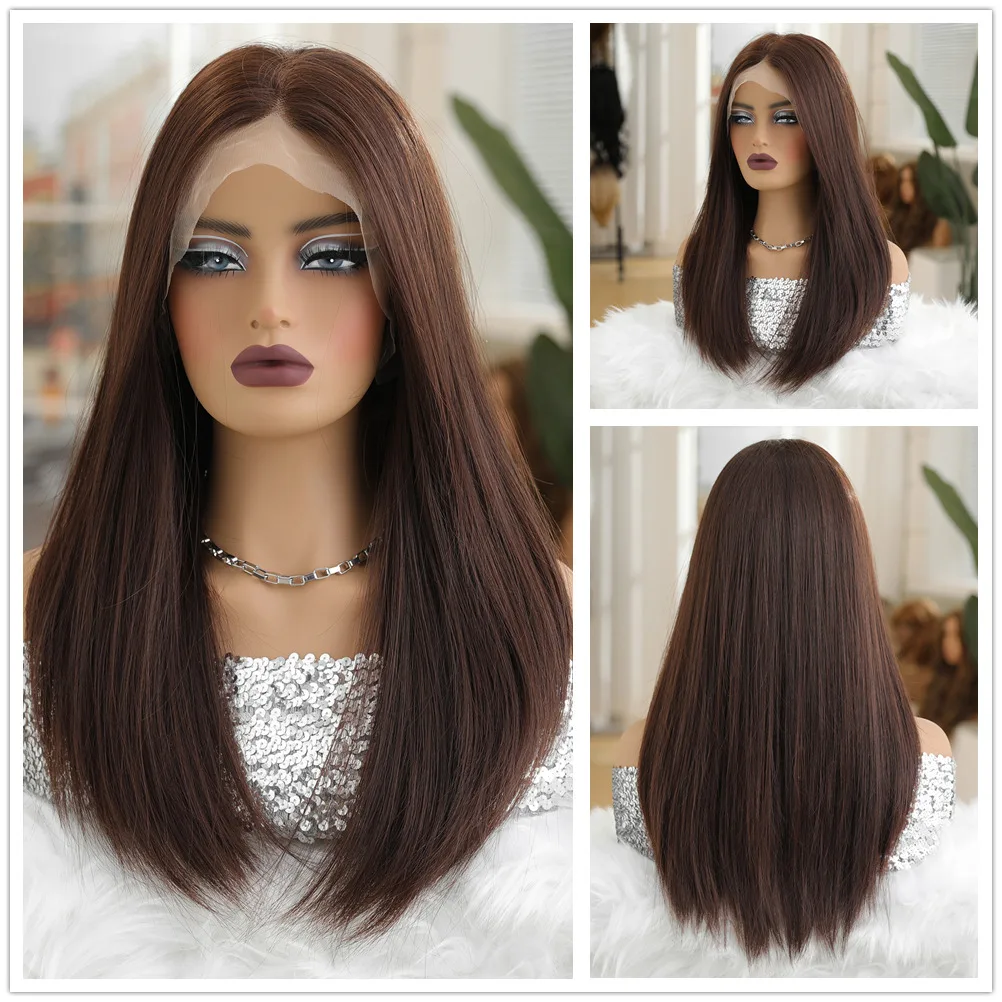 Natural Synthetic Hair T Lace Frontal Wig Long Straight Reddish brown