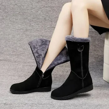 여성용 따뜻한 첼시 하이 퍼 부츠, 스노우 플랫 부츠, 벨벳, 라지 사이즈, 미드 카프, 41 Botas Mujer, 겨울 패션, 신상