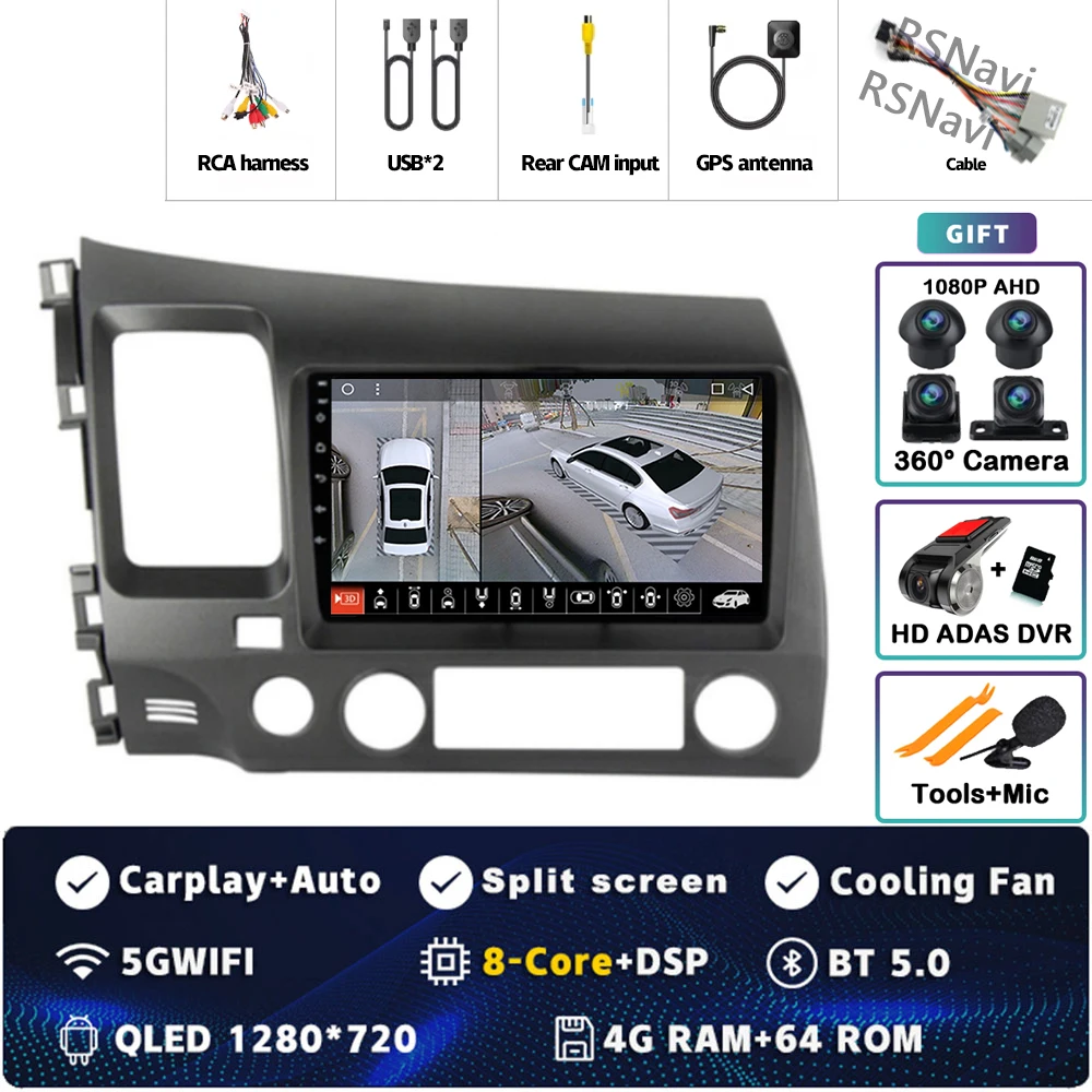 Android 15 Voor Honda Civic 8 FK FN FD 2005-2012 2K QLED Android Autoradio Multimedia Video speler GPS 4G CarPlay Stereo