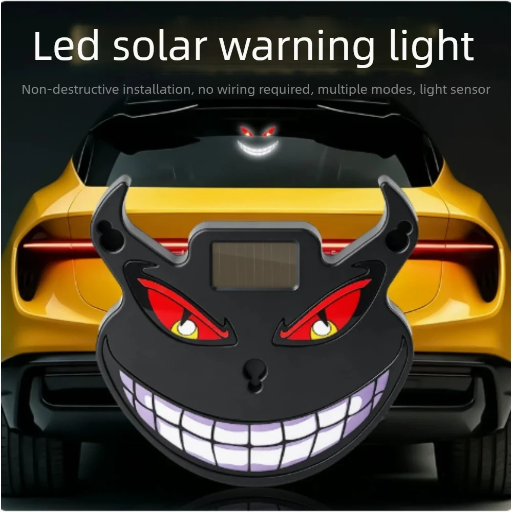 1PC Car Devil Eye Smiling Face Solar Warning Light Interior Car Windows Lamp Demon Eye Strobe Decorative Light Atmosphere Light
