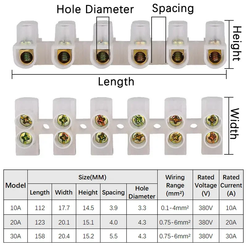 HLH 10Pcs Nylon Terminal Block 5A -60A Wire Connector Copper-Plated Wire Connector Terminal Block Flame-Retardant Wire Connector