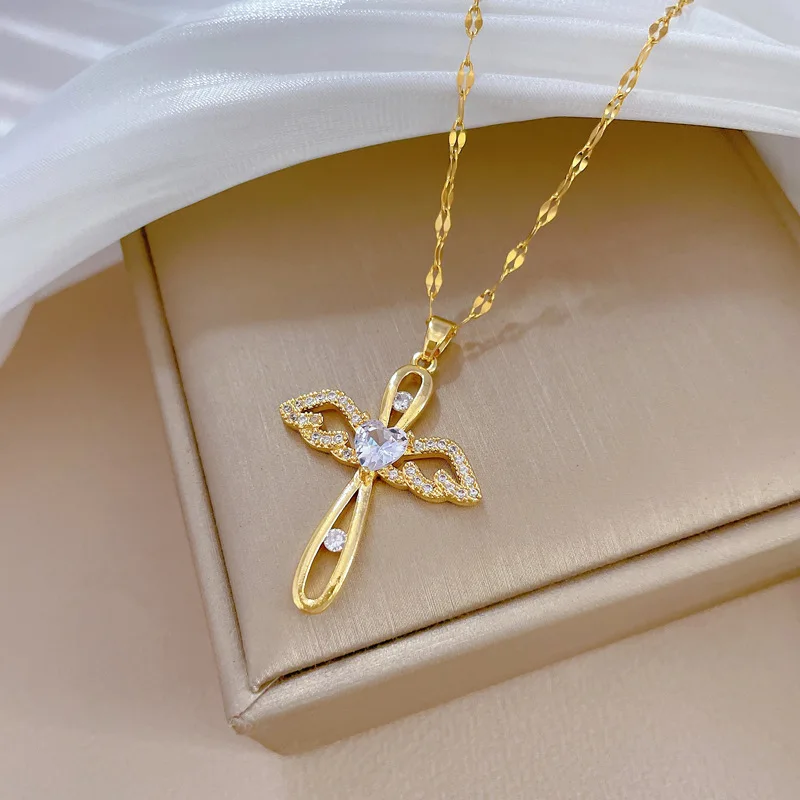 Luxury Zircon Angel Wing Cross Pendant Choker Necklace for Women Men Stainless Steel Chain Jewelry Accessories Gifts for Friends