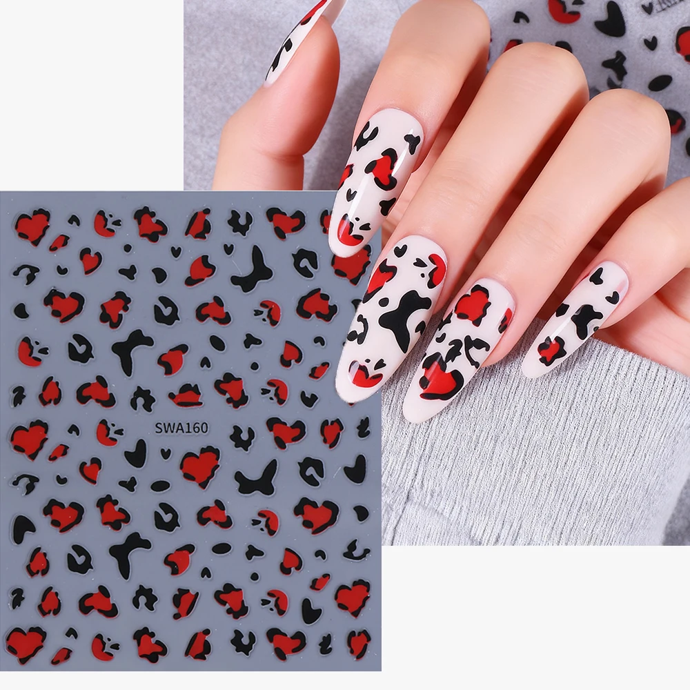 สติกเกอร์ติดเล็บลายเสือดาวสีดำแดง/ลายหัวใจฝรั่งเศสประดับกลิตเตอร์ ดีไซน์เซ็กซี่สำหรับวันวาเลนไทน์ ลายเสือดาวตกแต่งเล็บ DIY