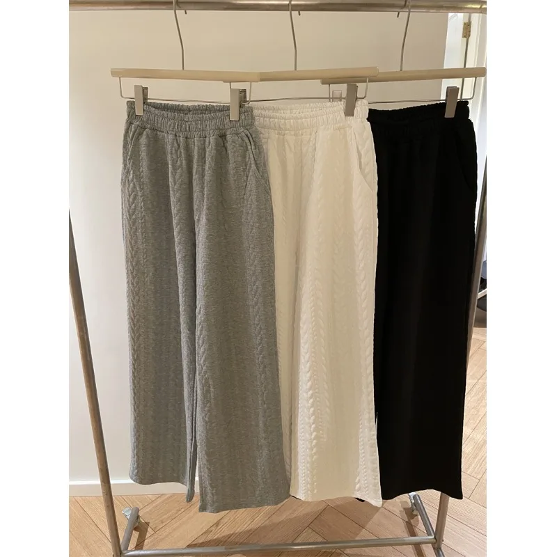 خريف شتاء جديد Sle عادية فضفاض مستقيم الساق السراويل القطن مزيج محبوك النسيج تويست زهرة الملمس تنوعا السراويل الطويلة