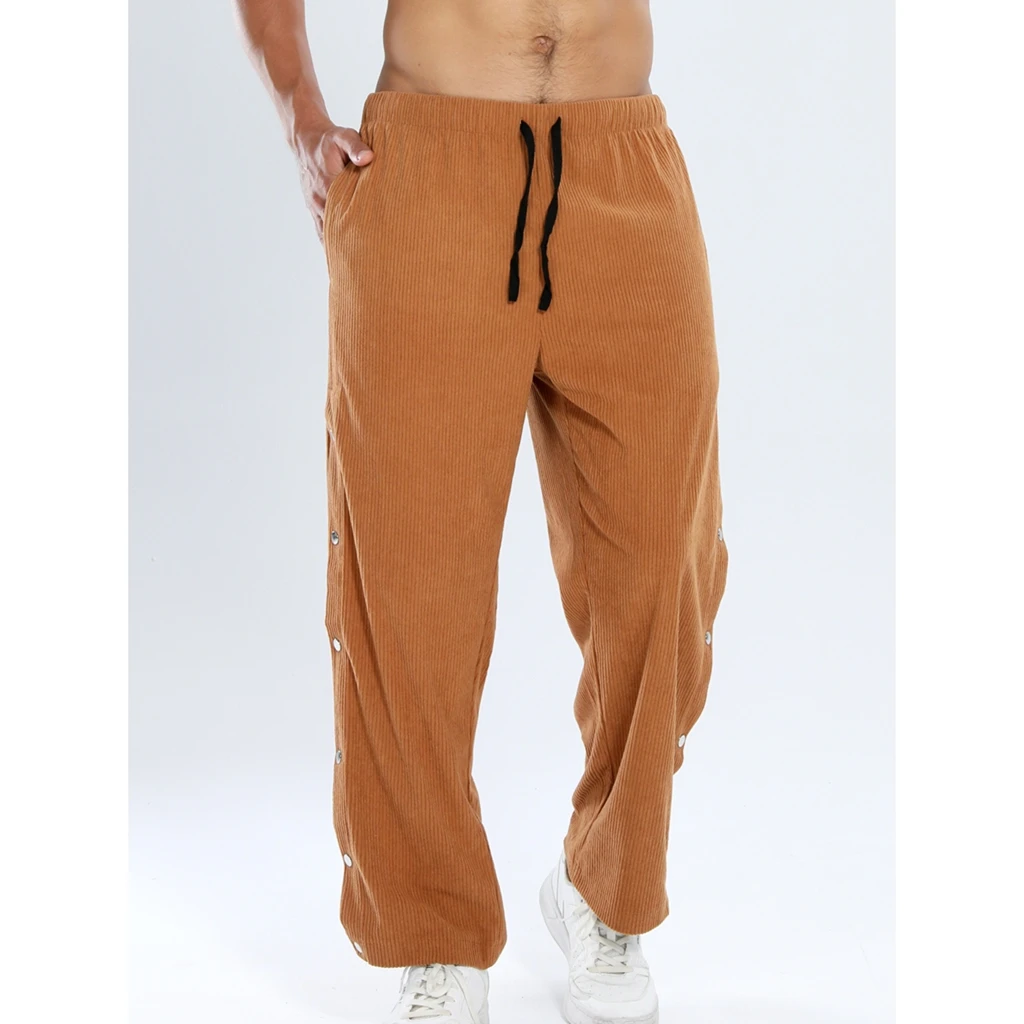 

Men's Casual Corduroy Pants Solid Color Side Button Drawstring Waist Loose Trousers with Pockets
