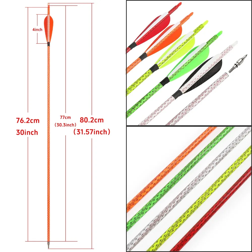 30\'\' Archery Arrows Spine500 ID6.2mm Mix Carbon Arrow Shaft with 4\'\' turkey Feather for Bow/Arrow Hunting Shooting Accessories