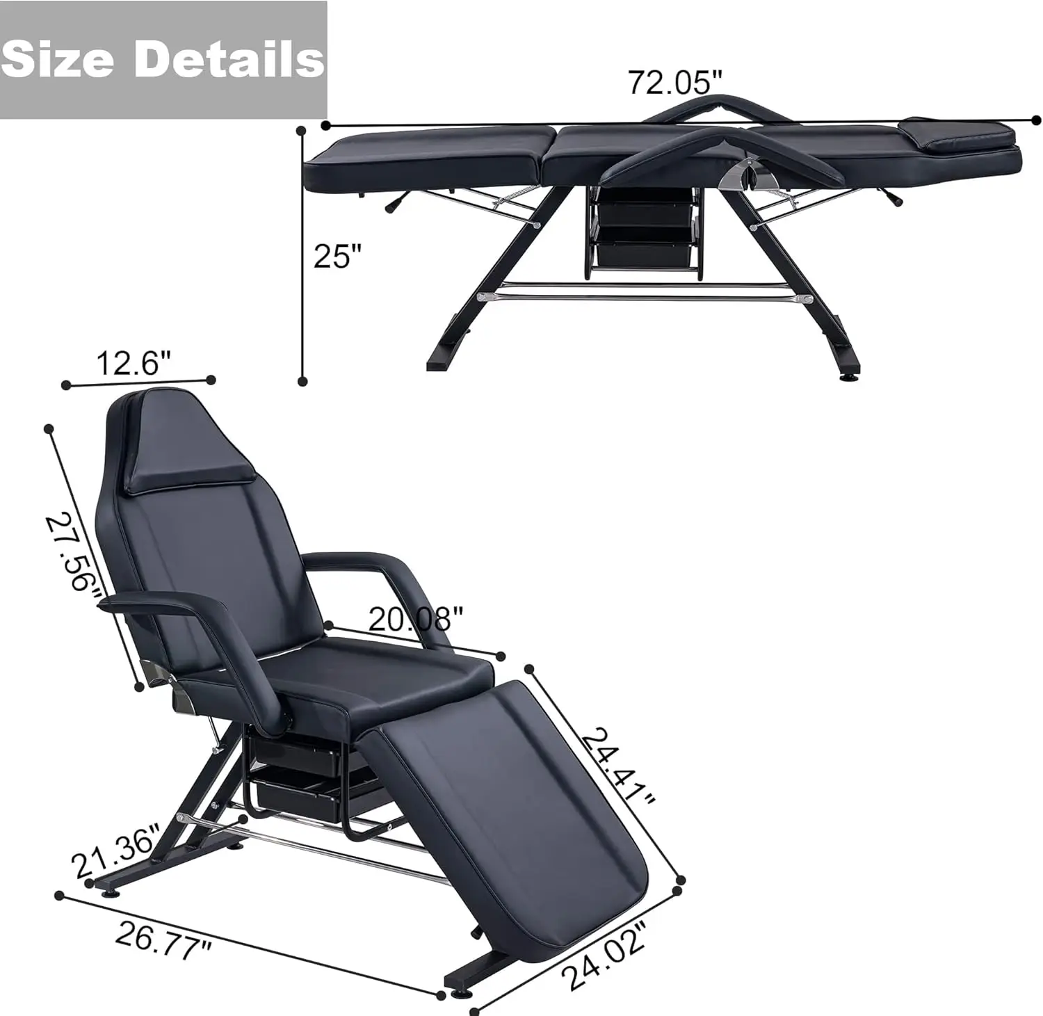 Tattoo Chair Massage Salon With Two Trays， Esthetician Bed With Hydraulic Stool,Multi-Purpose 3-Section Facial Bed Table,