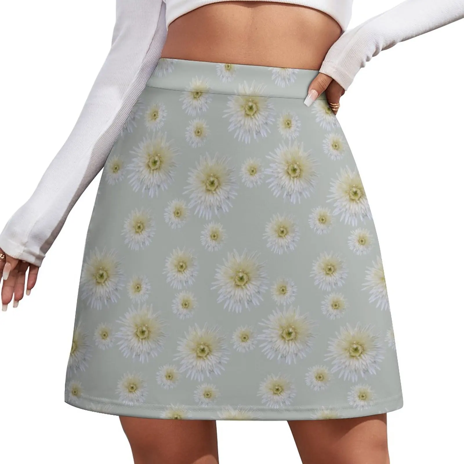 White Gerbera on Light Grey Mini Skirt Women clothing korean style skirt Clothing female