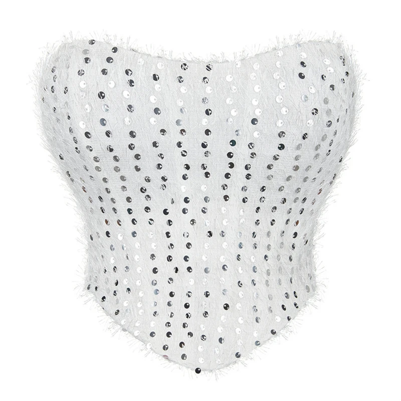 Women Bustier Corset Crop Tops Sexy White Mesh Thread Fluff with Sequins Overbust Body Shapewear Lingerie Off Shoulder Basques